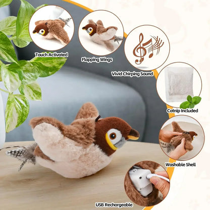 Interactive Pet Toy – Rechargeable Chirping Plush Bird with Catnip